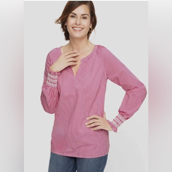 Talbots PM Pink & White Stripe Popover V-neck Blouse Top - Picture 9 of 9